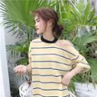 Striped Elbow-sleeve Cut Out T-shirt