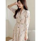 Shawl-collar Floral Long Dress With Belt