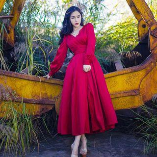 Long-sleeve A-line Midi Beach Dress