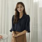 Ruffle-collar Puff-shoulder Blouse