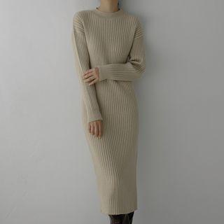 Drop-shoulder Ribbed Knit Long Dress