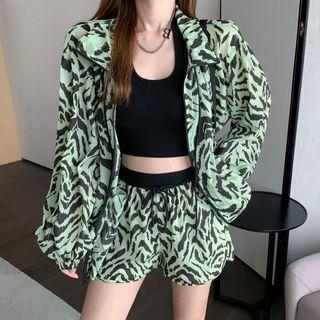 Long-sleeve Leopard Printed Zip Jacket + High-waist Leopard Printed Shorts As Show In Figure - One Size