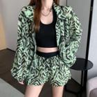 Long-sleeve Leopard Printed Zip Jacket + High-waist Leopard Printed Shorts As Show In Figure - One Size