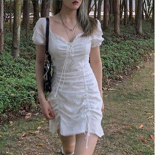 Square-neck Plain Drawstring Mini Dress