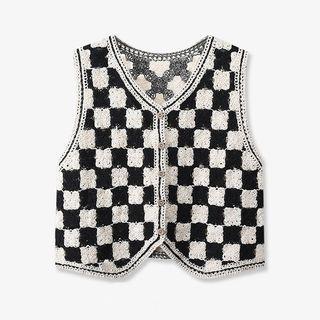 Check Single-breasted Crochet Vest Houndstooth - Black - One Size