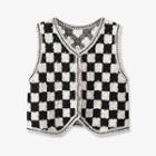 Check Single-breasted Crochet Vest Houndstooth - Black - One Size