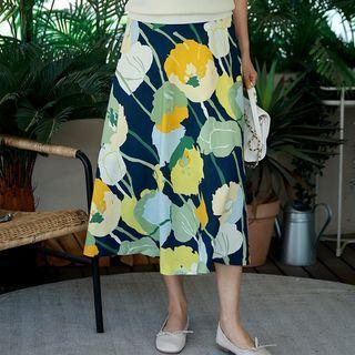 Flower Print Long Flare Skirt