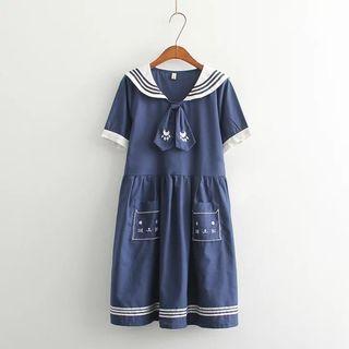 Cat Embroidered Sailor Collar A-line Dress