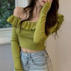 Ruffle One-shoulder Long-sleeve Knit Top Green - One Size