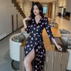 3/4-sleeve Dotted Midi Wrap Dress