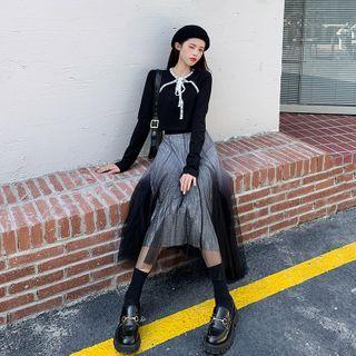 Long-sleeve Contrast Trim Top / Mesh Midi A-line Skirt