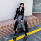 Long-sleeve Contrast Trim Top / Mesh Midi A-line Skirt