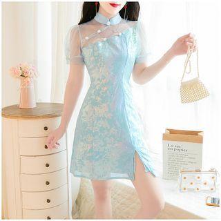 Puff-sleeve Sheer Panel A-line Mini Qipao Dress