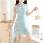 Puff-sleeve Sheer Panel A-line Mini Qipao Dress
