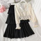 Floral Print Lace Long-sleeve Blouse / Ruffle Midi Skirt