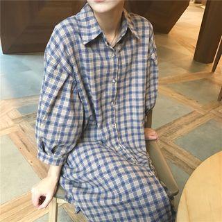 Plaid Lantern-sleeve Shirt Dress