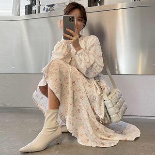 Ruffled Floral Long Dress With Sash