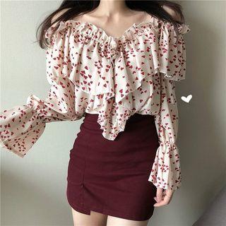 Heart Printed V-neck Long-sleeve Loose-fit Blouse