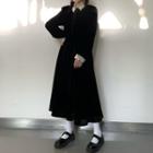 Velvet Long-sleeve Midi A-line Dress Dress - Black - One Size