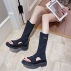 Platform Block Heel Open Toe Mid Calf Boots