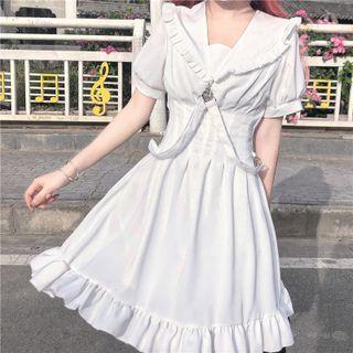 Short-sleeve Collared Ruffle A-line Dress
