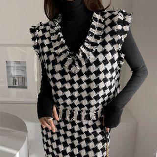 Fringed Checked Cropped Vest