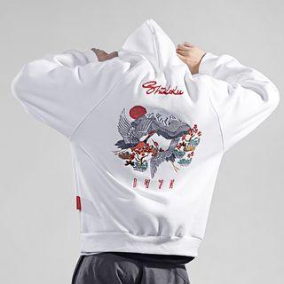 Loose-fit Crane-embroidered Hooded Pullover
