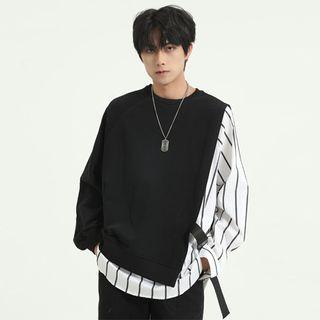 Long-sleeve Crew-neck Striped Mock Two Piece Sweatshirt