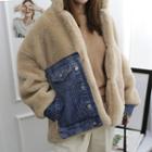 Open-front Denim-panel Furry Jacket