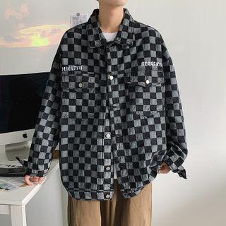 Plaid Embroider Letter Button-up Oversize Jacket