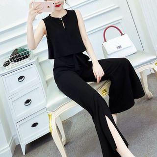 Set: Sleeveless Top + Slit Wide-leg Pants