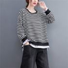 Mock Two-piece Striped Sweatshirt Stripes - Black & White - One Size