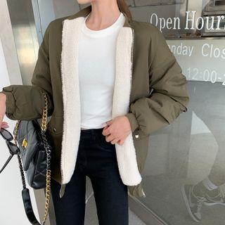 Fleece-lined Zip-up Jacket Green - One Size