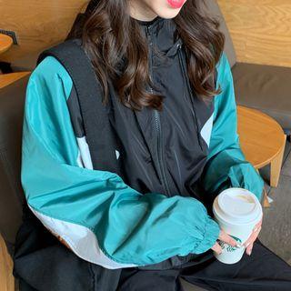 Color Block Zip Hooded Windbreaker As Shown In Figure - One Size