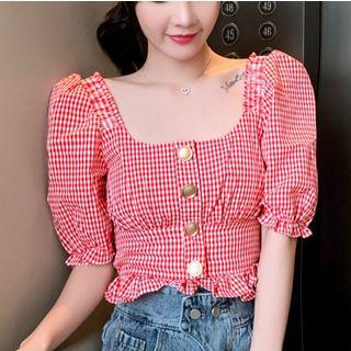 Gingham Elbow-sleeve Square Neck Blouse