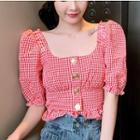 Gingham Elbow-sleeve Square Neck Blouse