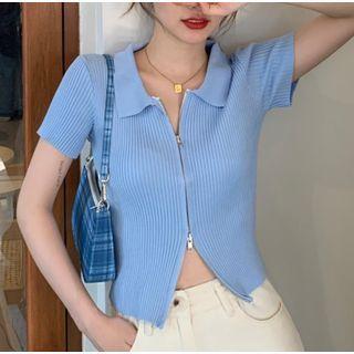 Short-sleeve Collared Zip-up Ribbed Cardigan