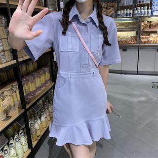 Short-sleeve Plain Cargo Mini Mermaid Dress