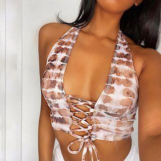 Halter-neck Lace-up Print Camisole Top