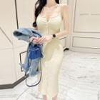 Spaghetti Strap Button Midi Bodycon Dress