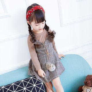 Set Of Two: Spaghetti-strap V Neck Gingham Tie-waist Dress + Long-sleeved Plain Top