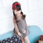 Set Of Two: Spaghetti-strap V Neck Gingham Tie-waist Dress + Long-sleeved Plain Top