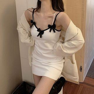 Spaghetti Strap Bow Accent Mini Sheath Dress Spaghetti Strap Dress - White - One Size