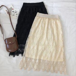 Plain High-waist Eyelet Lace Fleece Skirt