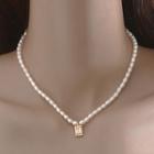 Rectangle Rhinestone Pendant Faux Pearl Necklace White & Gold - One Size