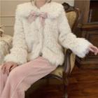 Fleece Bow Long-sleeve Top / High-waist Pearl Wide-leg Pants