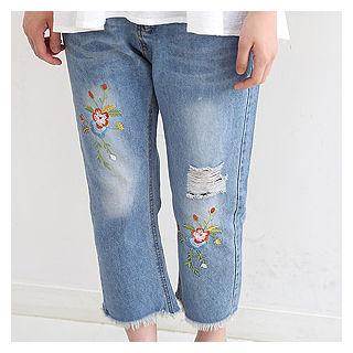 Distressed Floral Embroidered Relaxed Jeans
