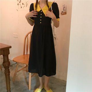 Short-sleeve Collared Midi A-line Dress Black - One Size