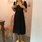 Short-sleeve Collared Midi A-line Dress Black - One Size