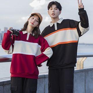 Couple Matching Color Block Collared Sweatshirt / Cargo Pants